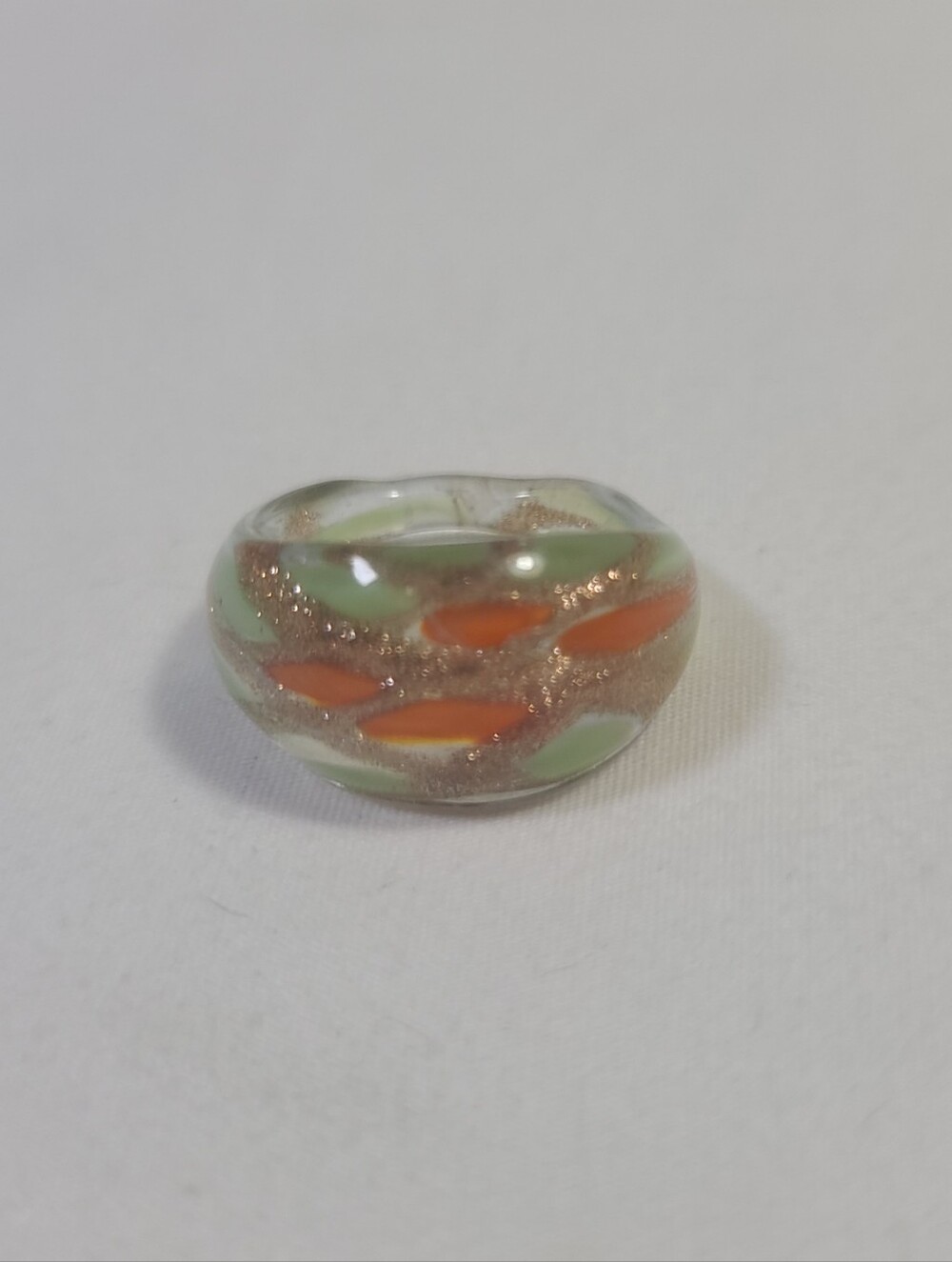 Murano Glass Green Orange Leaf Gold Band Ring Size 9.75